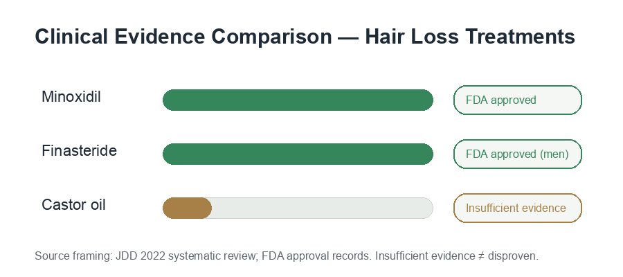 Evidence comparison chart: minoxidil and finasteride show strong evidence; castor oil shows insufficient evidence per JDD 2022 systematic review