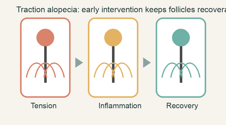 Two-path diagram showing early-stage non-scarring traction alopecia leading to recovery with hairstyle change over 6–12 months, while late-stage scarring traction alopecia causes permanent hair loss without surgery